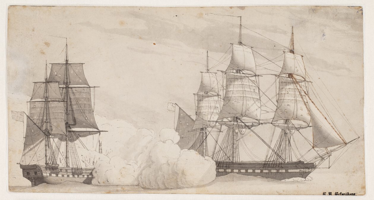 Két hadihajó harcban (az angol Shannon fregatt és az amerikai Chesapeak fregatt?) alkotó: Christoffer Wilhelm Eckersberg