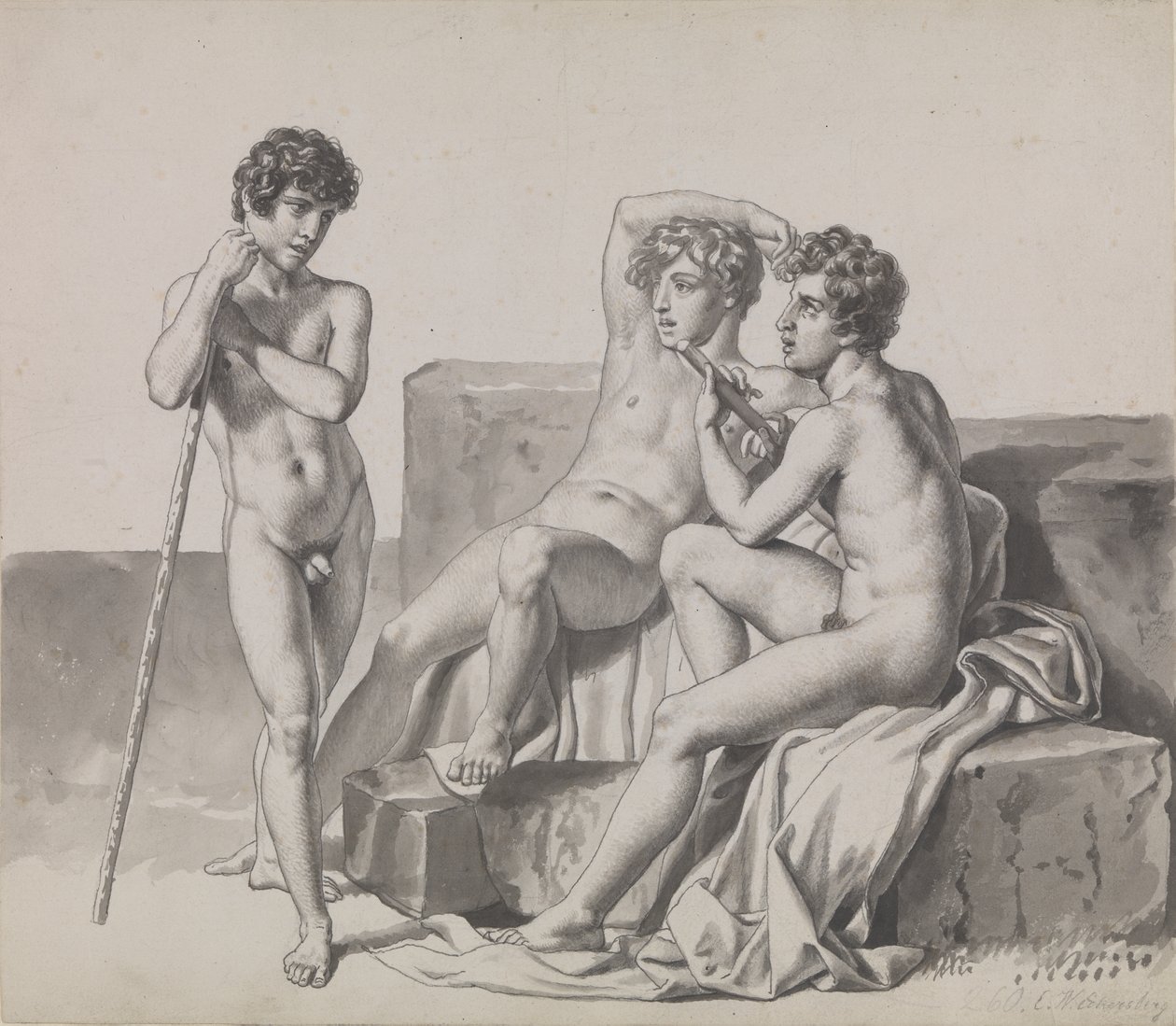 Három fiatal meztelen fiú áll vagy ül a kőtömbök között. alkotó: Christoffer Wilhelm Eckersberg