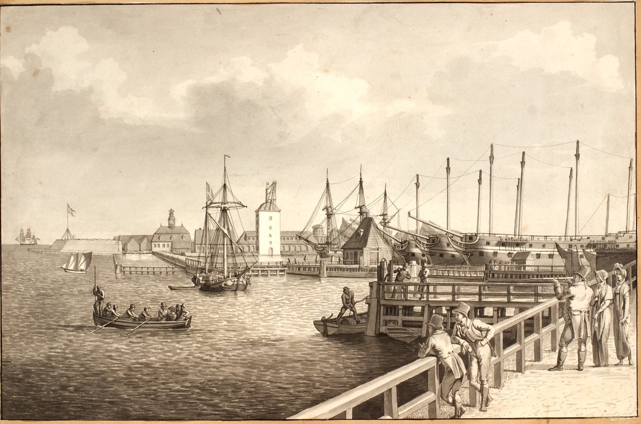 Kilátás Langelinie felől Nyholm felé, t.h. a flotta bérleti díja alkotó: Christoffer Wilhelm Eckersberg
