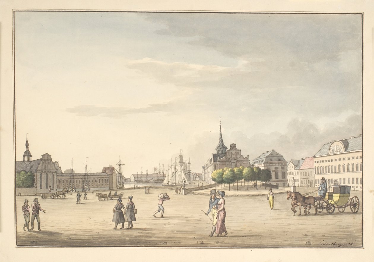 Kilátás a Slotspladsen felől a Børsen és a bank felé alkotó: Christoffer Wilhelm Eckersberg