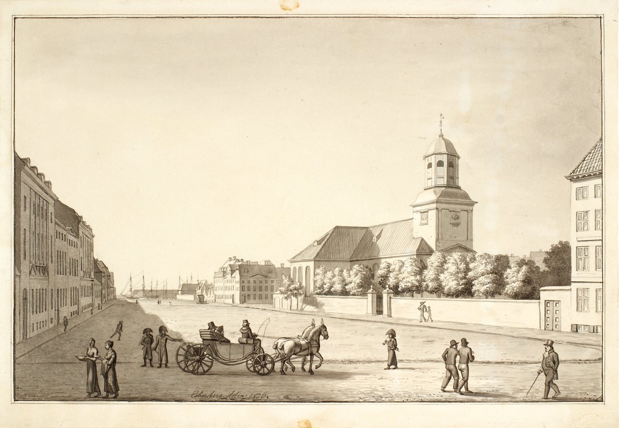 Kilátás a Sankt Annæ térre a Garrison templommal alkotó: Christoffer Wilhelm Eckersberg