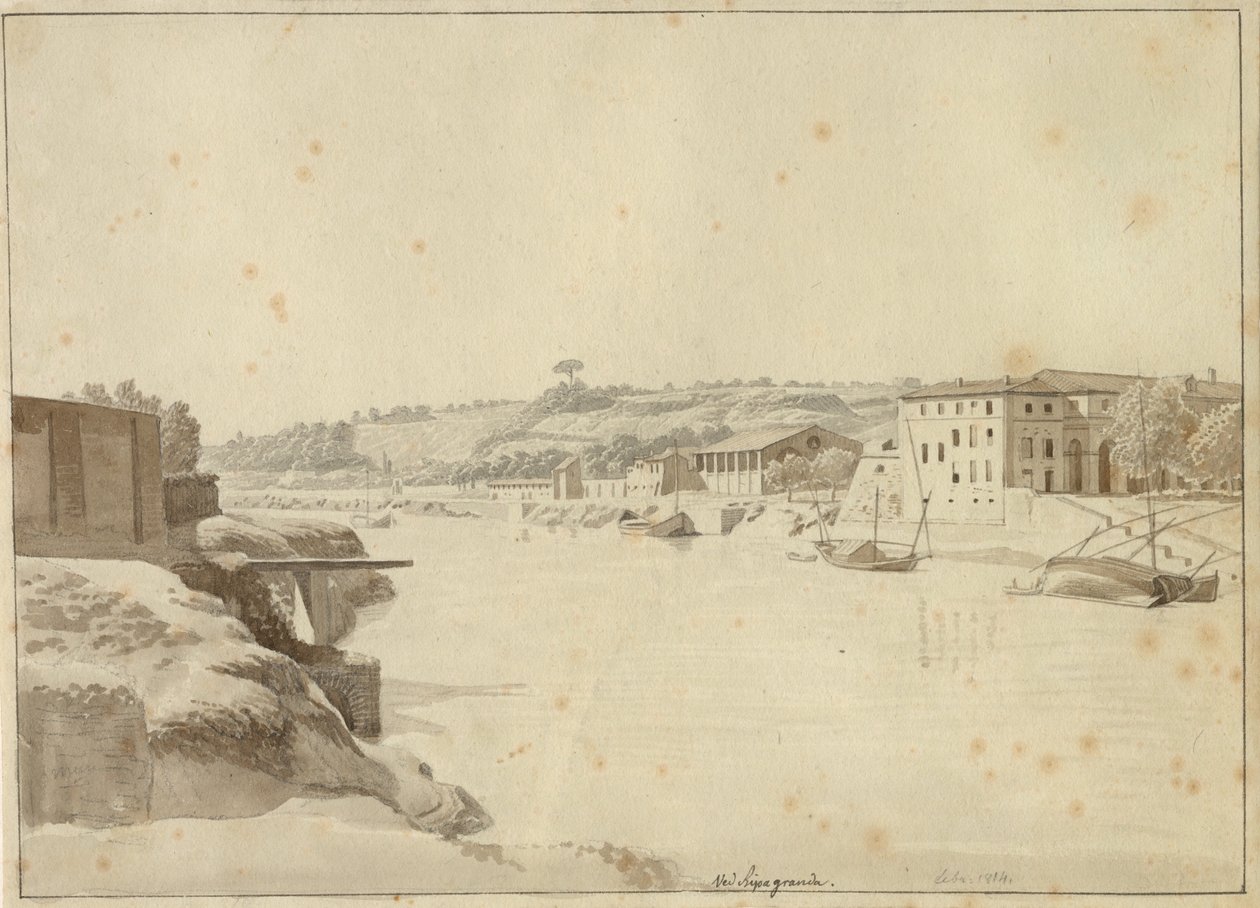 Kilátás a Tiberisre a Porto di Ripa Grande és a Porta Portese felé a Monte Aventino alatti partról, Róma. alkotó: Christoffer Wilhelm Eckersberg