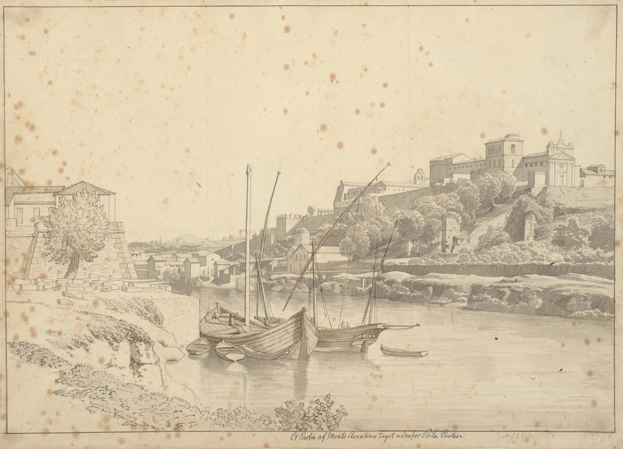Kilátás a Tiberisre a Porto di Ripa Grande-nál a Porta Portese mellett a Marmorata és a római Monte Aventino templomok felé alkotó: Christoffer Wilhelm Eckersberg
