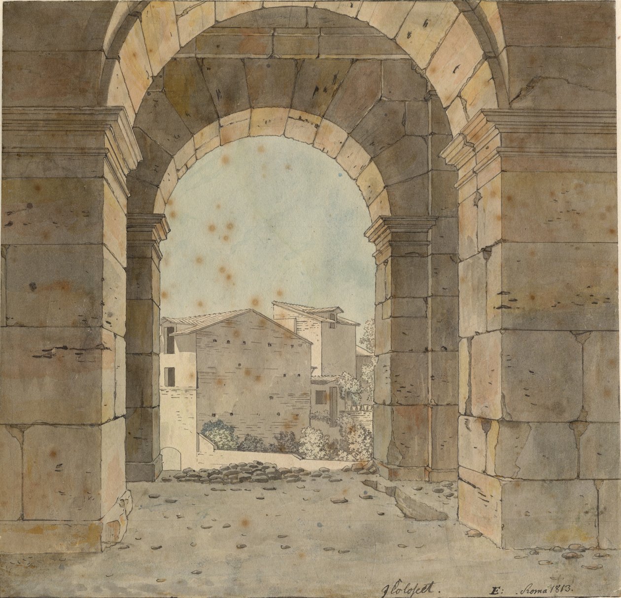 Kilátás észak felé a római Colosseum második emeletének egyik boltívén keresztül alkotó: Christoffer Wilhelm Eckersberg