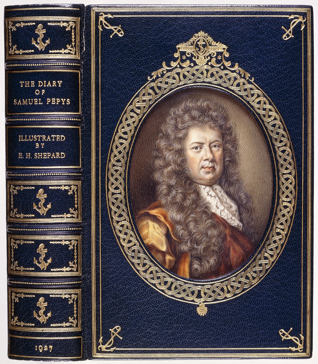 A „Samuel Pepys naplója” könyvborítója Samuel Pepys ovális portréjával alkotó: C. B. Currie