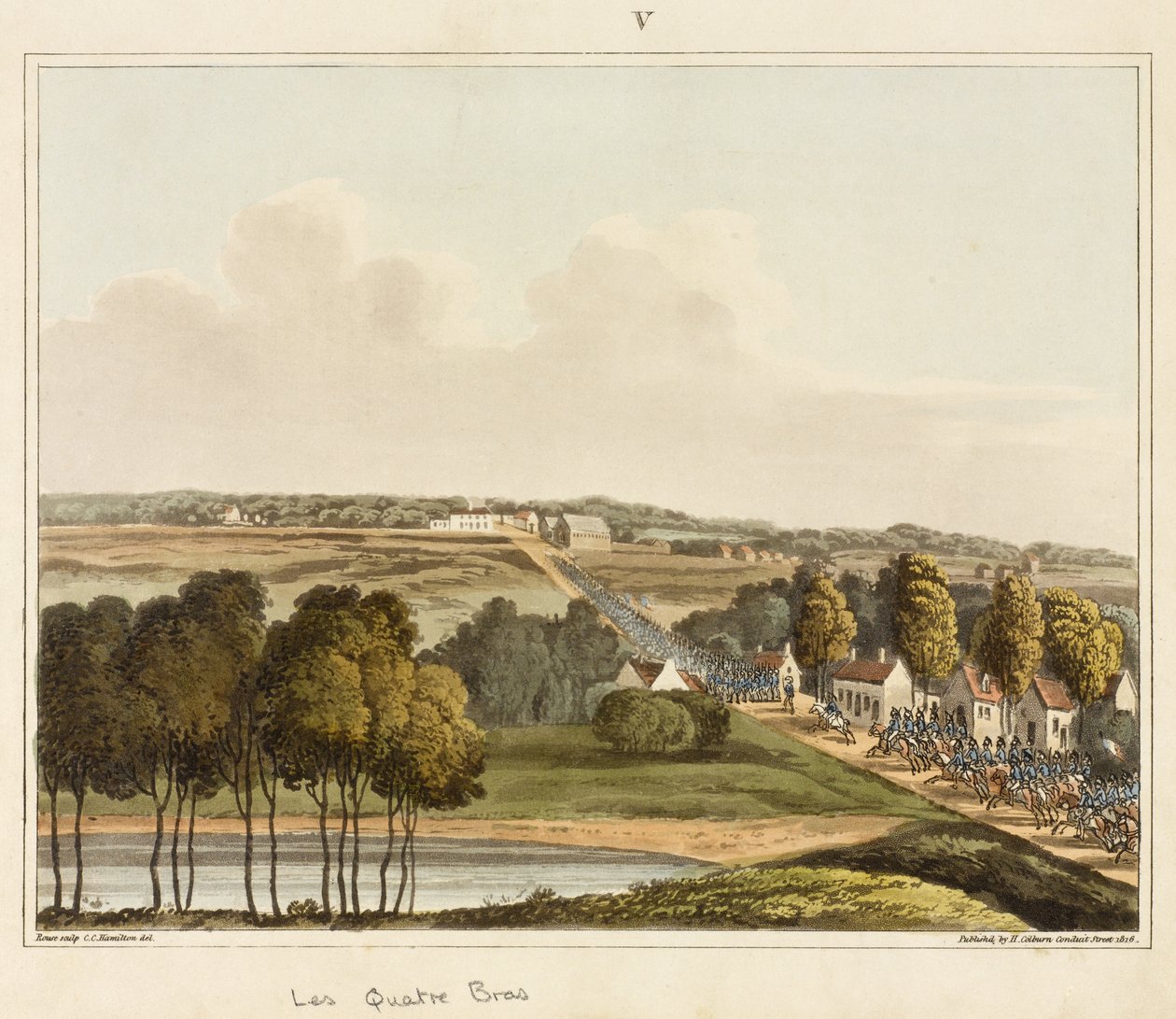 Les Quatre Bras, „An Historical Account of the Battle of Waterloo”, James Rouse metszete, 1817 (színes akvatinta) alkotó: C. C. Hamilton
