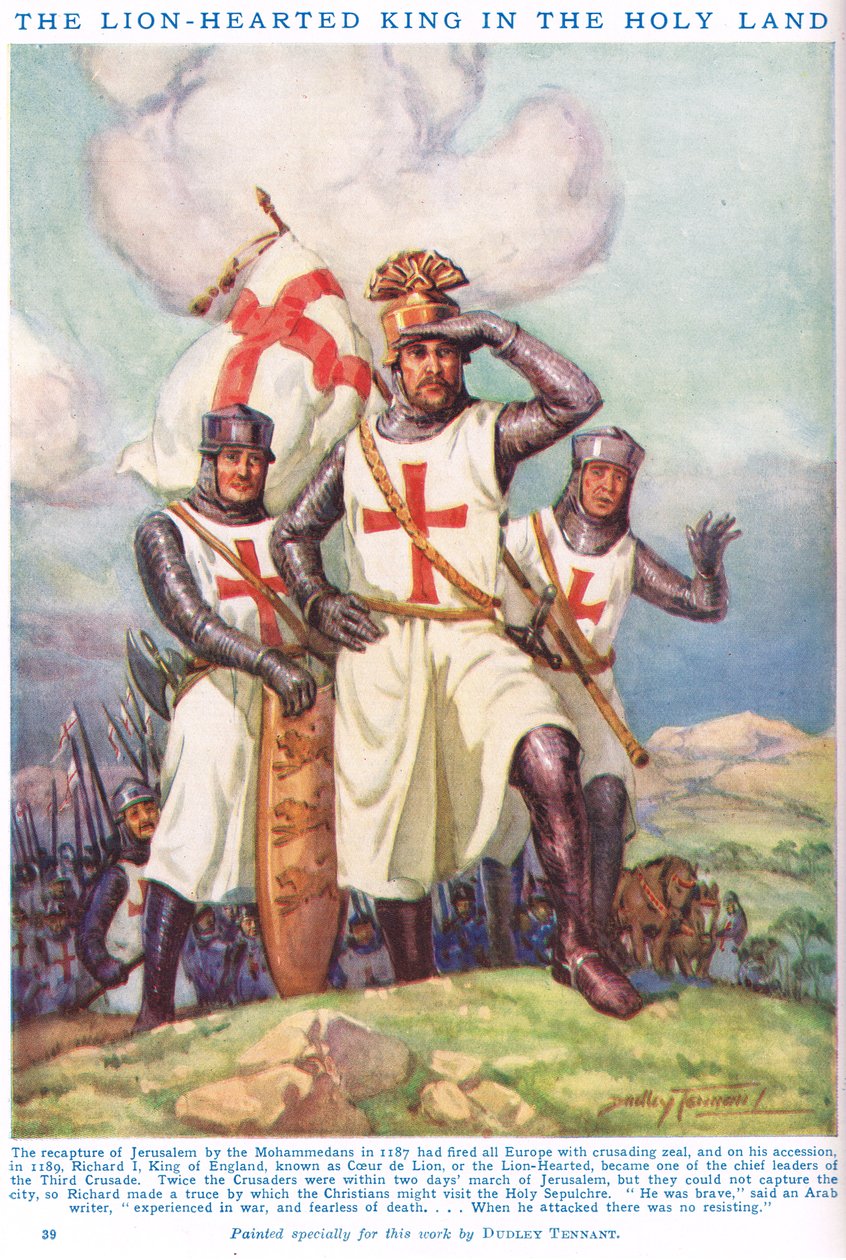 I. Richárd, az oroszlánszívű király a Szentföldön portréja a „Newnes” Tudás képeskönyvéből (színes litó) alkotó: C. Dudley (after) Tennant