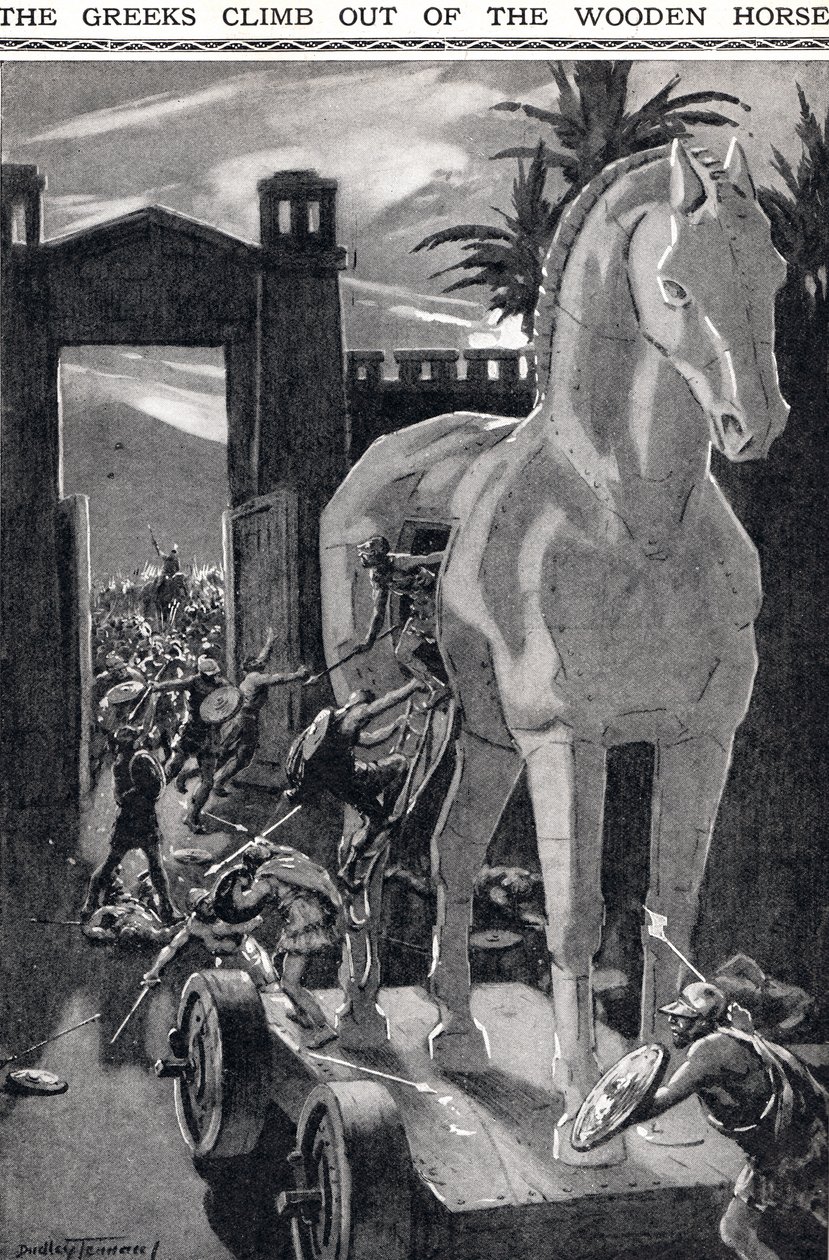 A görögök kimásznak a fából készült lóból, illusztráció a "Newnes" Képes Tudáskönyvből (litho) alkotó: C. Dudley (after) Tennant