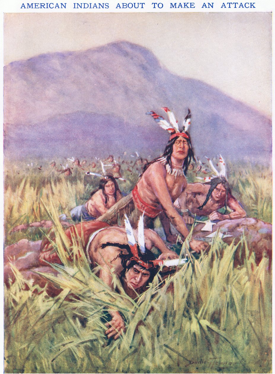 Amerikai indiánok támadás előtt (színes litho) alkotó: C. Dudley Tennant
