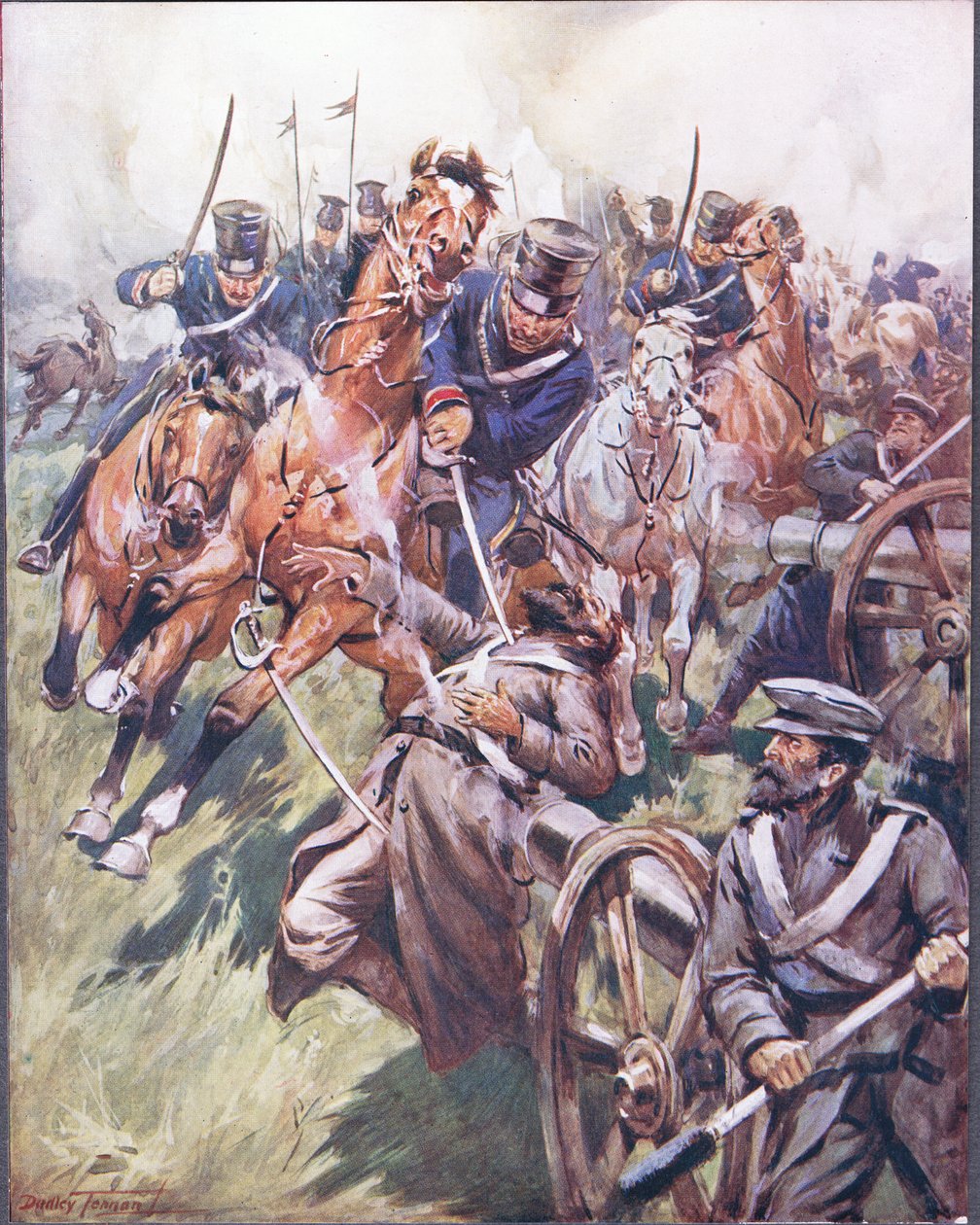 Kozák és orosz orsó a szablyaütésből, illusztráció a „Híres harcok balladáiból”, 1900 körül (színes litó) alkotó: C. Dudley Tennant