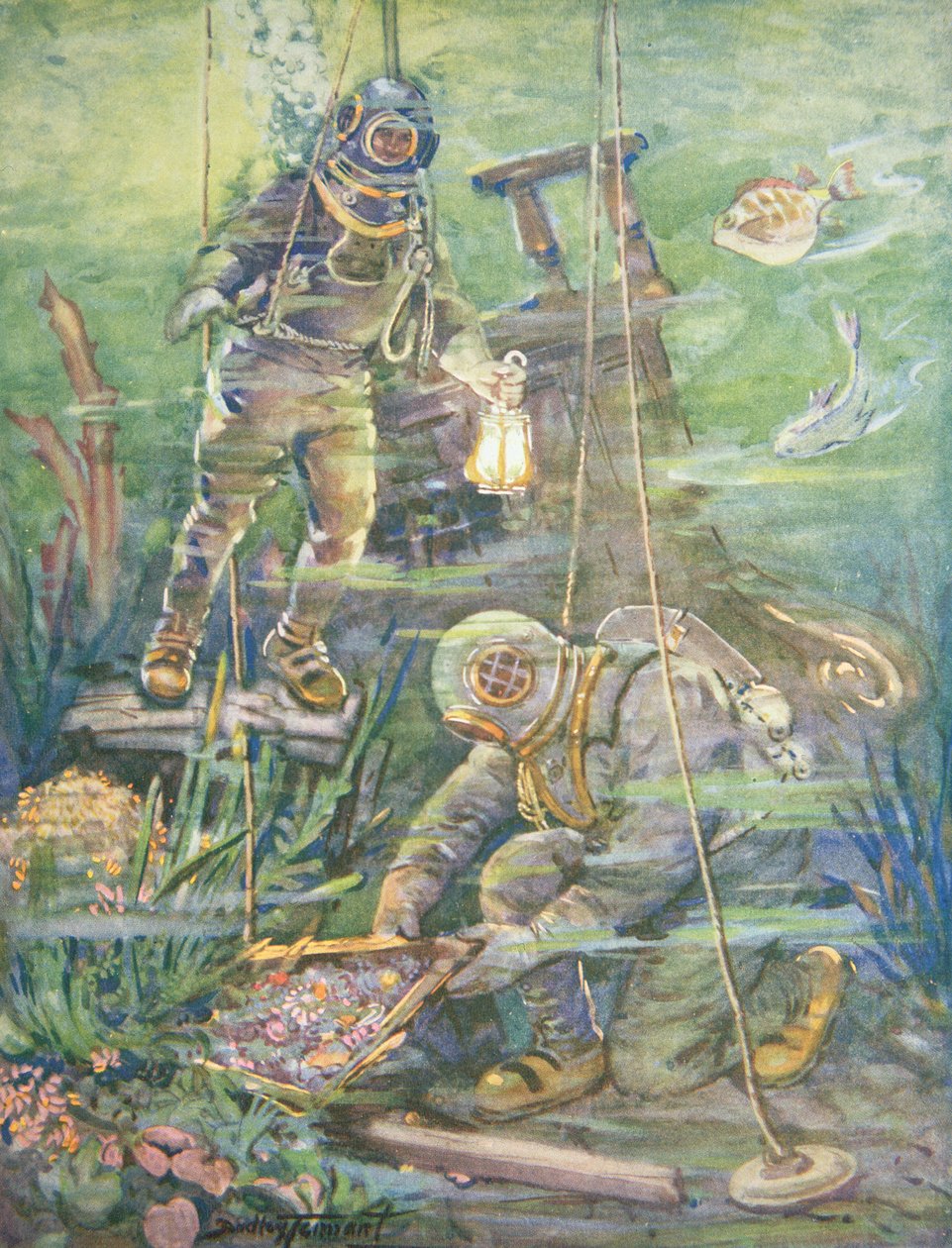 A mélytengeri búvárok megtalálják az elsüllyedt kincset, 1890 körül (színes litó) alkotó: C. Dudley Tennant