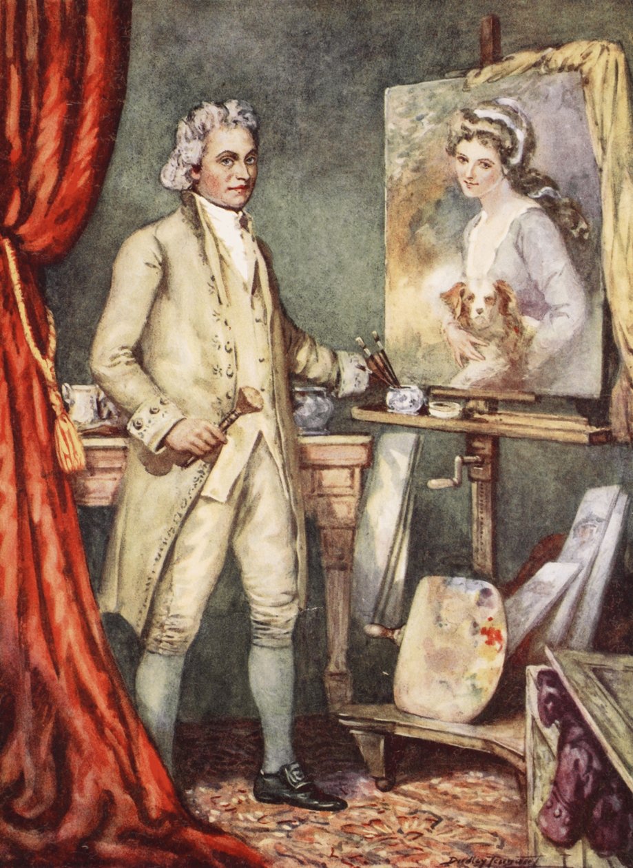 George Romney Lady Hamilton portréját festi (színes litó) alkotó: C. Dudley Tennant