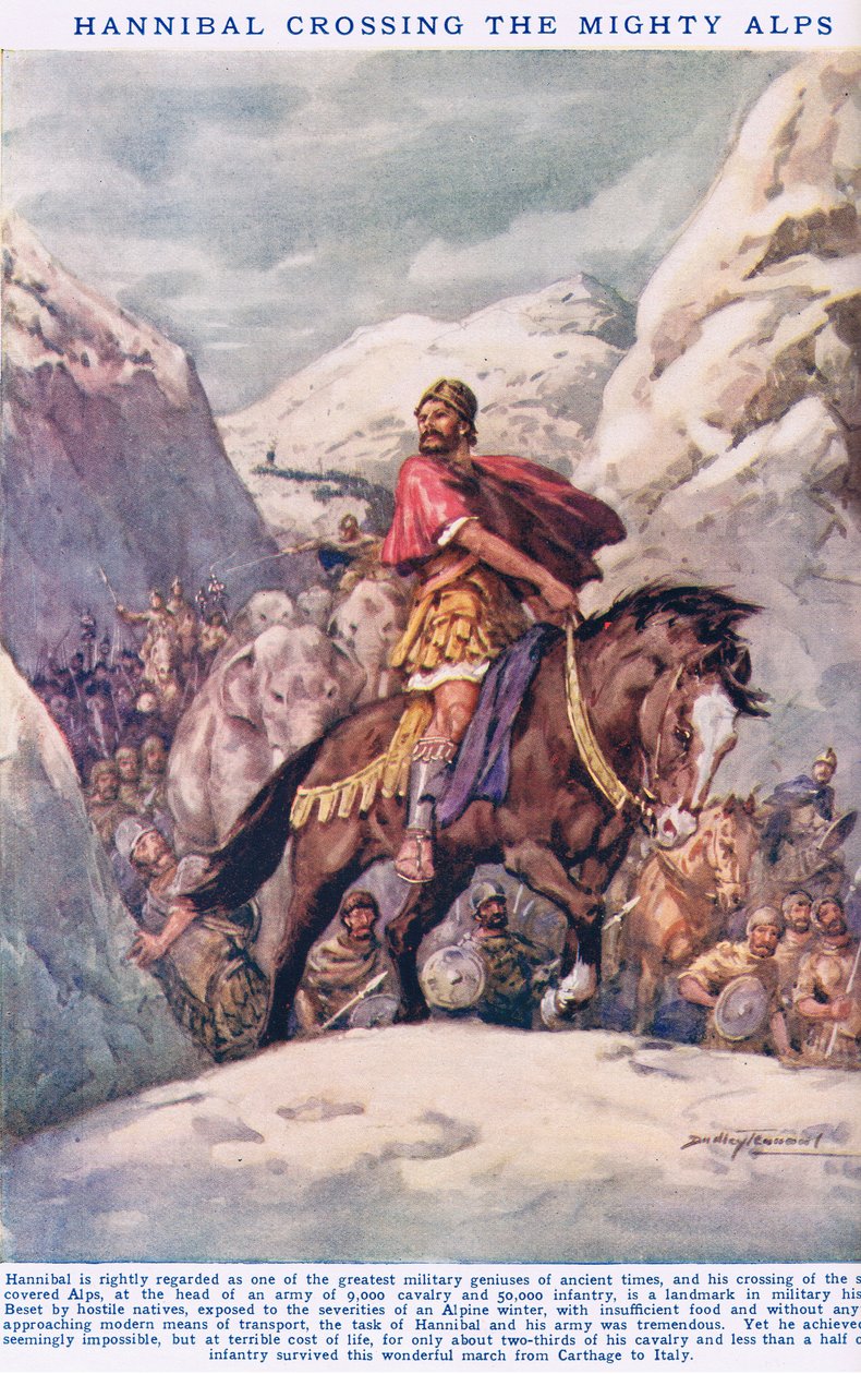Hannibál átkel a Hatalmas Alpokon, illusztráció a "Newnes" Képes Tudáskönyvből (színes litho) alkotó: C. Dudley Tennant