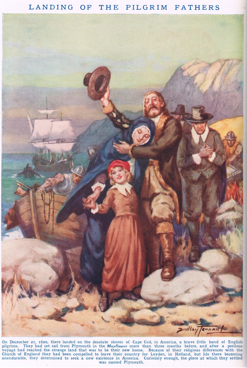 A Zarándokatyák partraszállása, illusztráció a „Newnes” Képes Tudáskönyvből (színes litó) alkotó: C. Dudley Tennant
