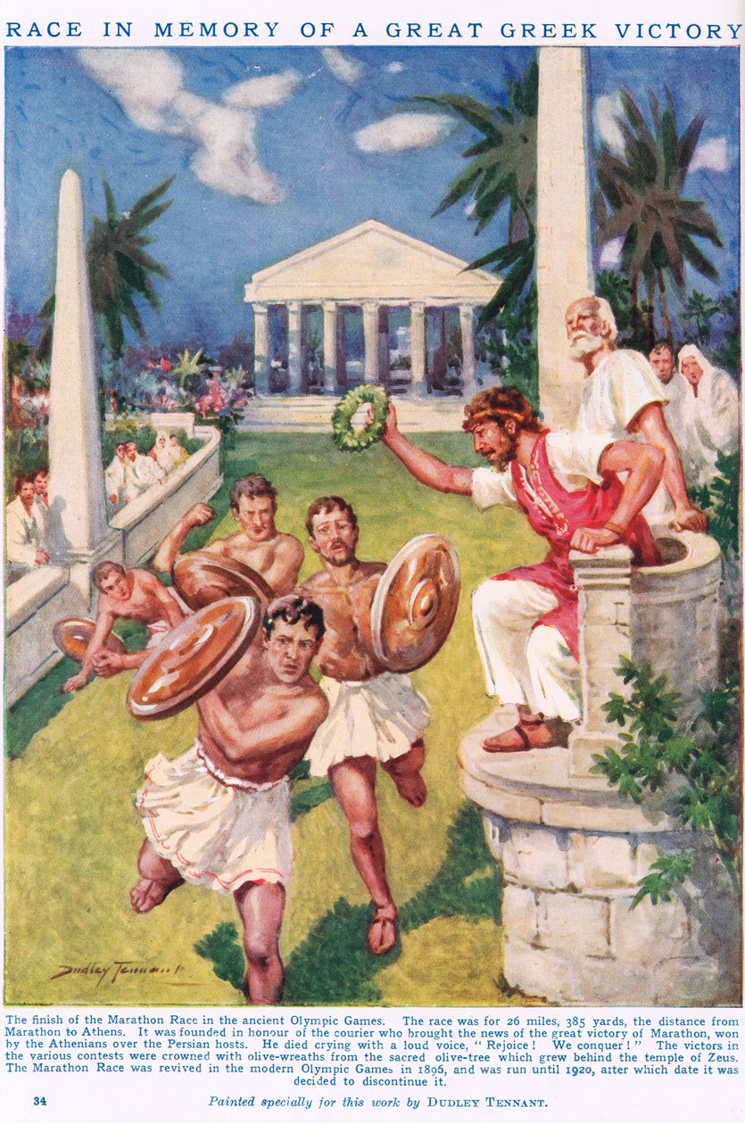 A maraton: Verseny egy nagy görög győzelem emlékére, illusztráció a "Newnes" Képes Tudáskönyvből (színes litó) alkotó: C. Dudley Tennant