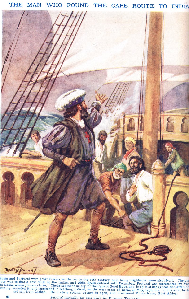 Vasco de Gama: Az ember, aki megtalálta a Cape Route Indiába vezető utat, illusztráció a "Newnes" Képes Tudáskönyvből (színes litó) alkotó: C. Dudley Tennant