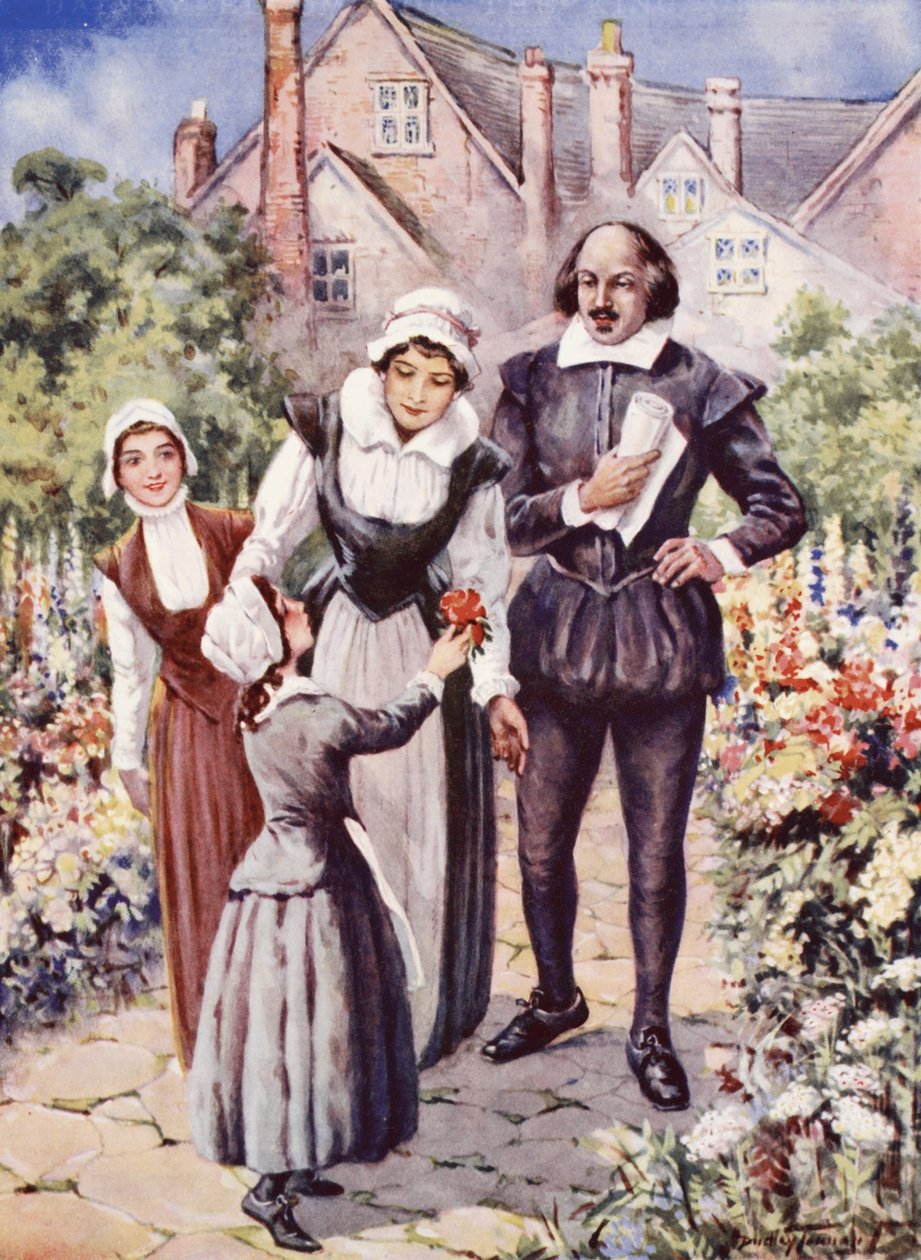 William Shakespeare feleségével és két lányával a New Place kertjében, Stratford-upon-Avonban (színes litó) alkotó: C. Dudley Tennant