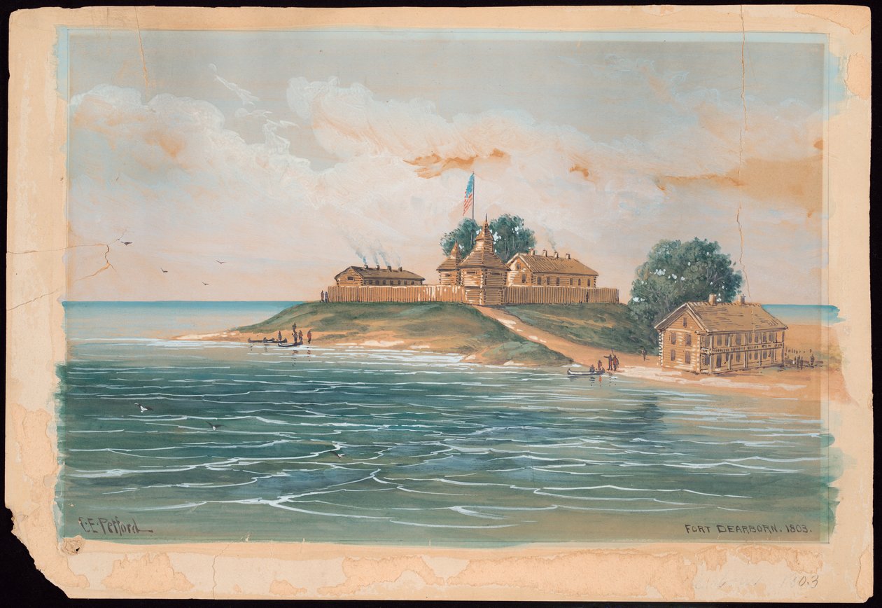 Fort Dearborn 1803-ban (akvarell) alkotó: C. E. Petford