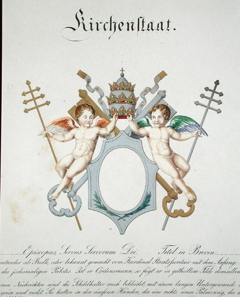 A vatikáni egyházi állam címere, egy Németországban kiadott akvarellgyűjteményből, 1830-33 körül (színes litográfia) alkotó: C. Hildebrandt