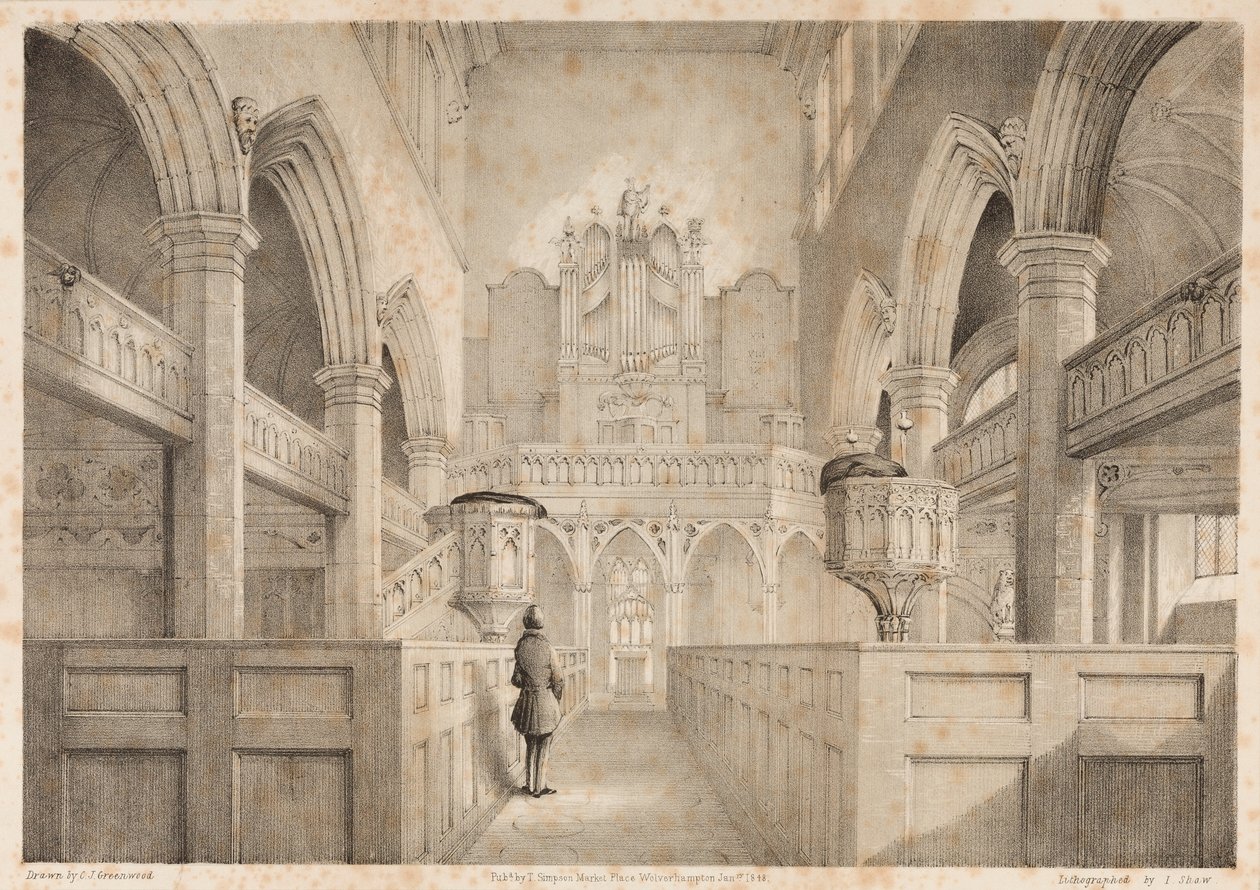 St. Peters belseje, Wolverhampton, metszett I. Shaw, 1848 alkotó: C. J. Greenwood