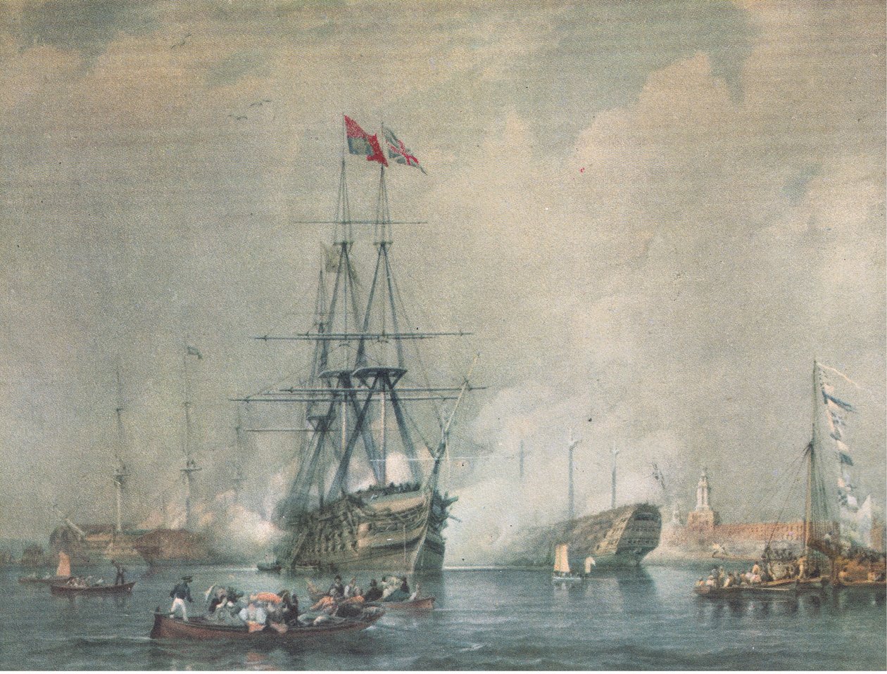 H M S Victory királyi tisztelgést lőtt Portsmouth kikötőjében, a British Adventure, a Collins kiadásában, 1947 alkotó: C. J. M. Whichello