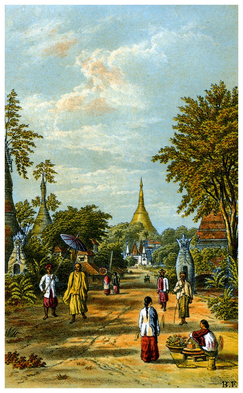 A Shwe Dragon pagoda, Rangoon, 19. század. alkotó: C Kegan Paul