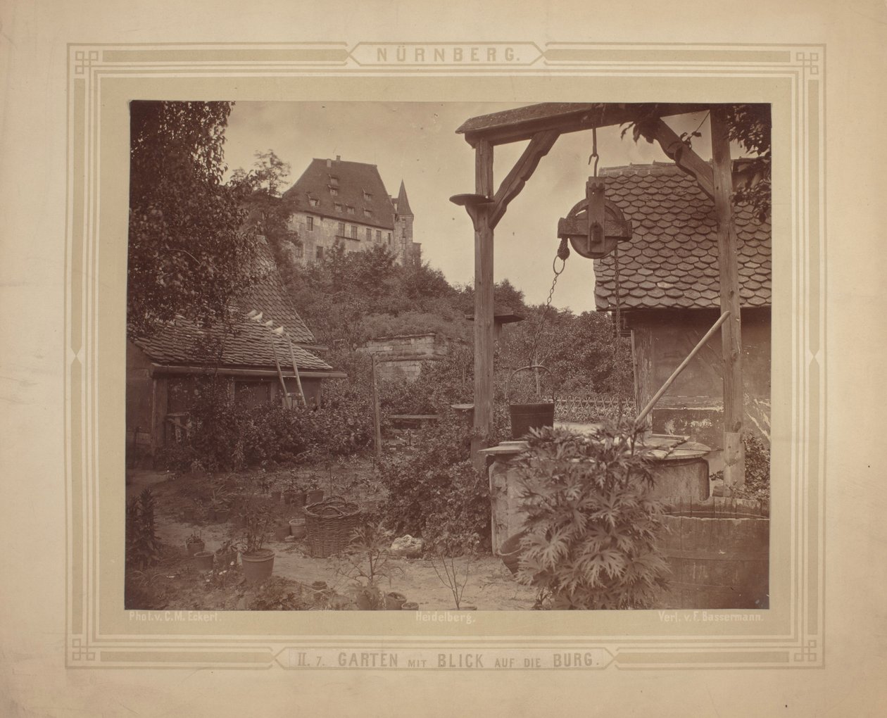 Heidelberg – Kilátás a kastélyra a kertből, 1870 körül (albumnyomat kartonlapon) alkotó: C. M. Eckert