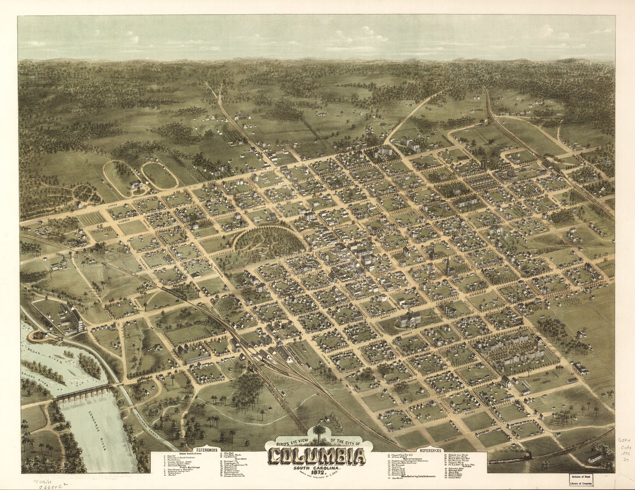 Madártávlatból Columbia városa, Dél-Karolina 1872. alkotó: C. N. Drie