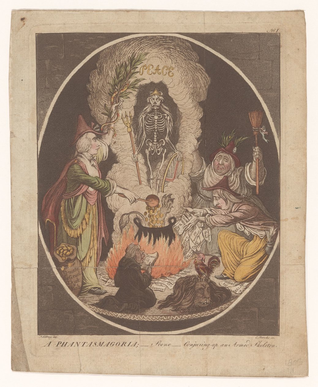 Rajzfilm az amiensi békéről, 1802 Egy fantazmagoria; - Jelenet - Fegyveres csontváz megidézése (cím a tárgyon) alkotó: C. Starcke
