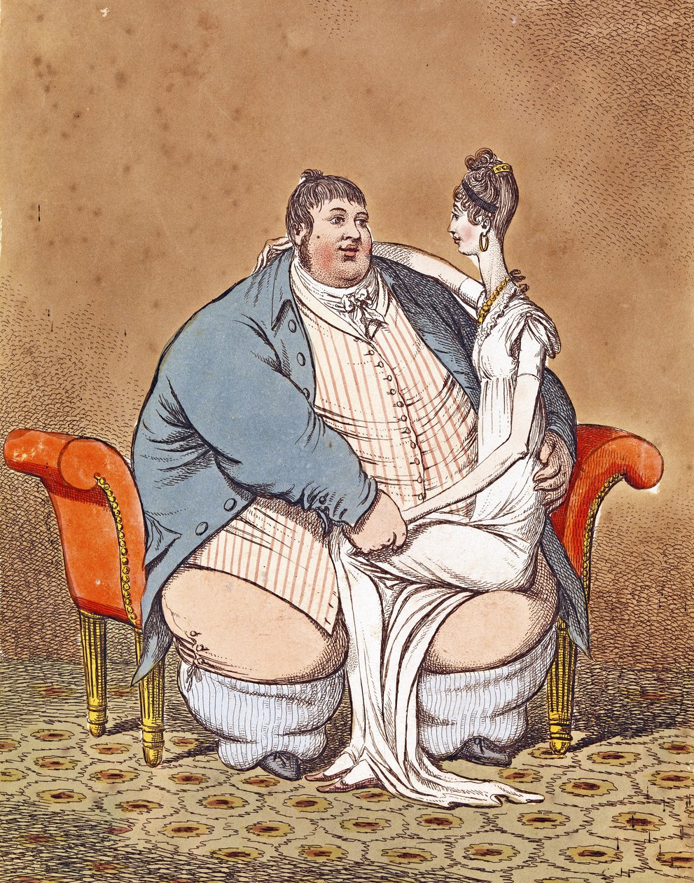 Kövér és sovány – Daniel Lambert szembehelyezkedett egy vékony, a térdén ülő nővel, 1806 alkotó: C. Williams