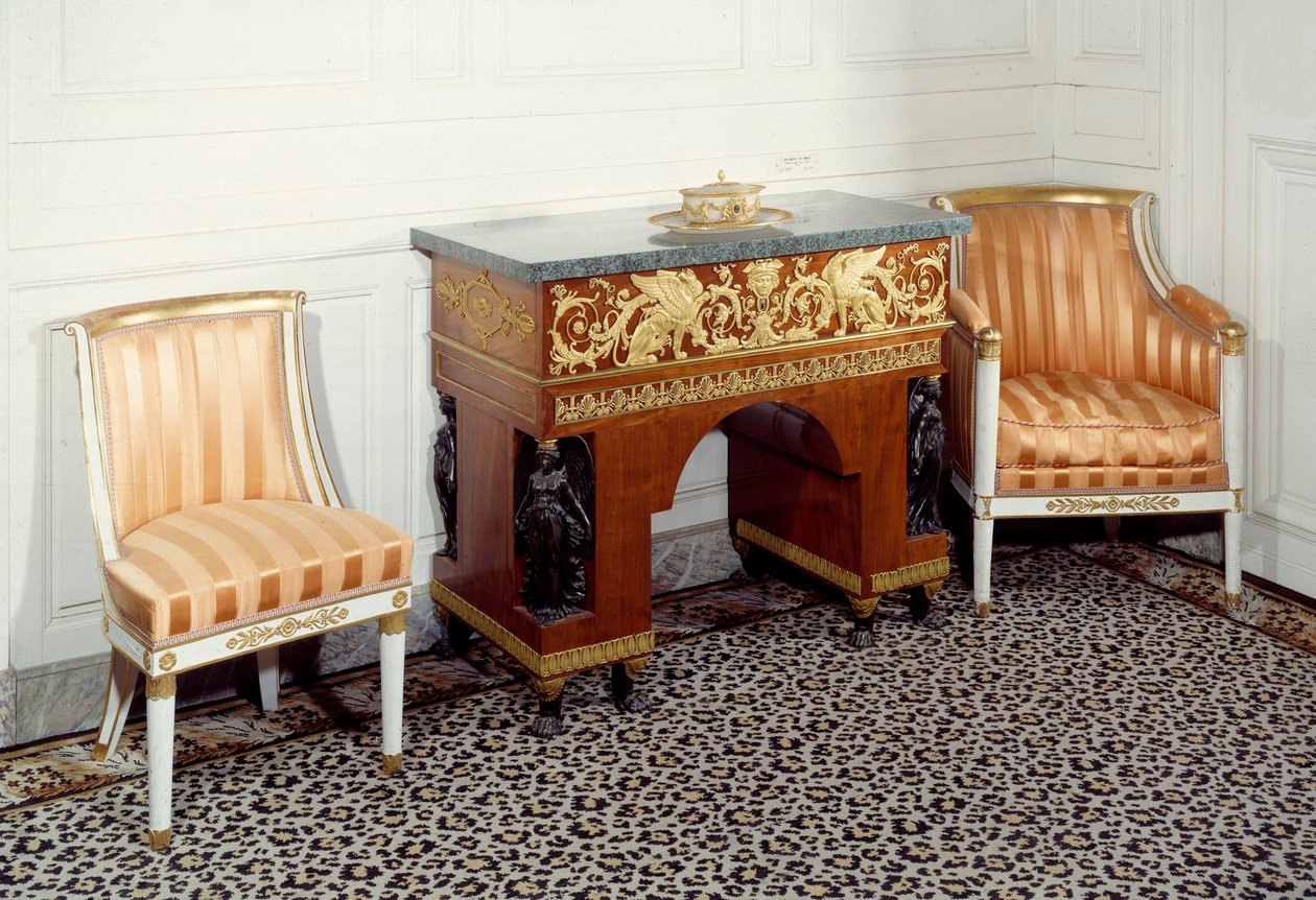 Furniture Premier Empire: Josephine de Beauharnais (1763-1814) impresszum irodája, amelyet Jacob testvérek (XIX. század) alakítottak ki Charles Percier és Pierre Fontaine rajzai alapján. 1800 Versailles, Nagy Trianon alkotó: C. and Fontaine P. Percier