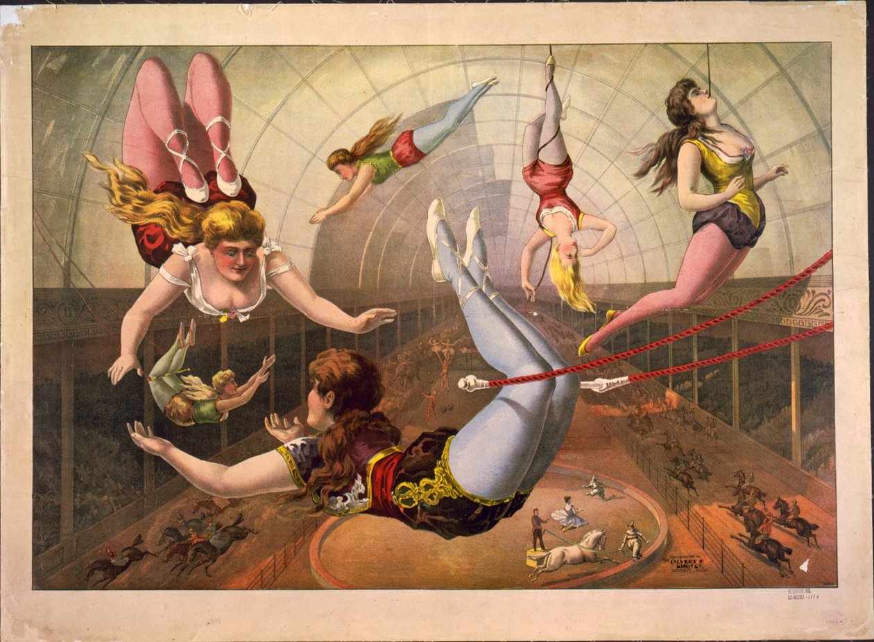 Női akrobaták trapézokon a cirkuszban, c. 1890 alkotó: Calvert Litho. Co.