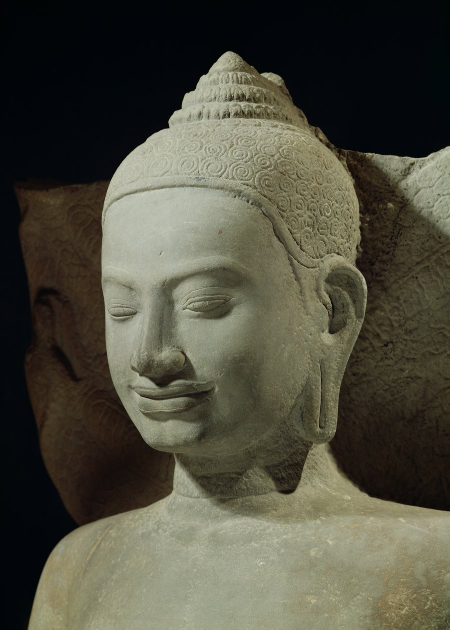 Buddha meditációban a Naga királyon, Mucilinda, Buddha fejének részlete, Preah Khanból, Bayon stílusú, 12-13. századi homokkő alkotó: Cambodian School