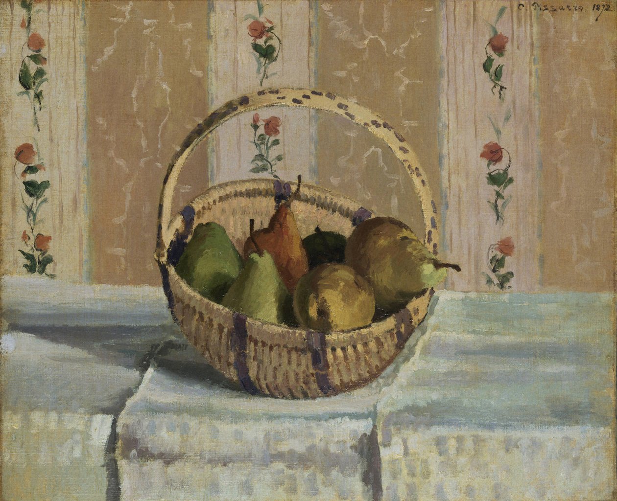 Alma és körte kerek kosárban alkotó: Camille Jacob Pissarro