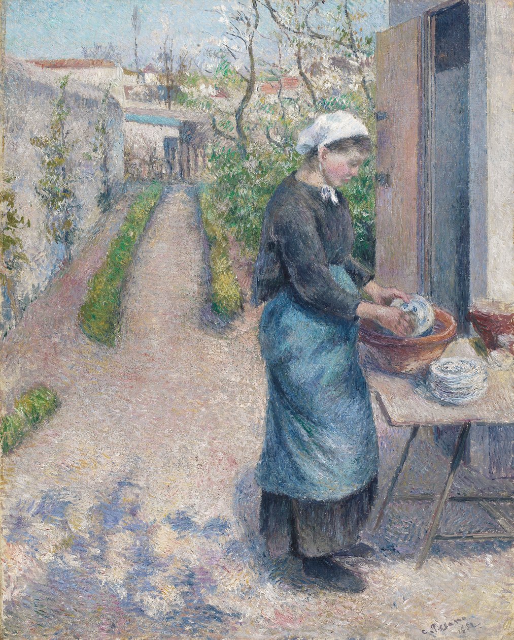 A pontoise-i kertben: Egy fiatal nő edényeket mos, 1882 alkotó: Camille Jacob Pissarro