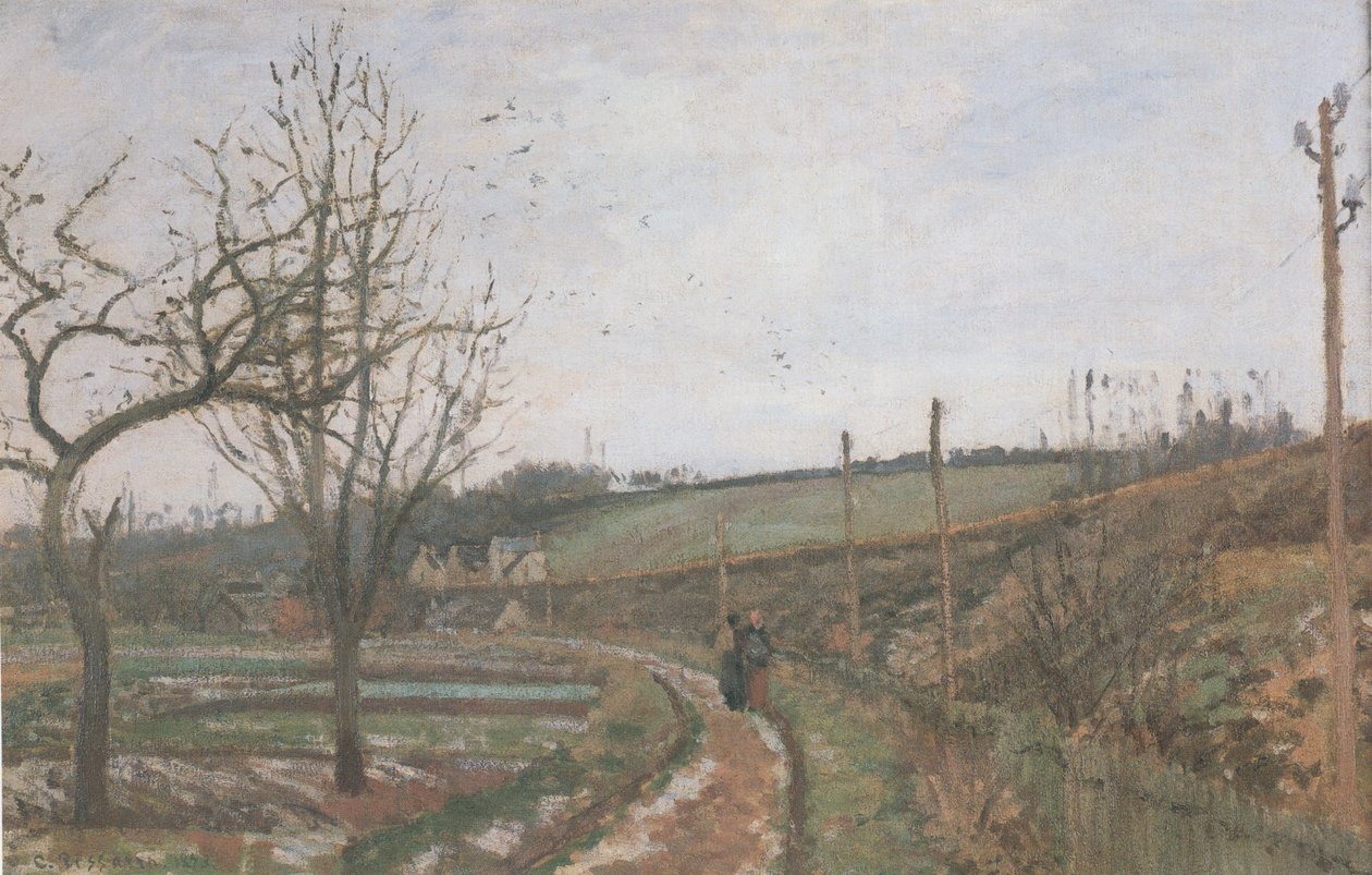 Az út a vasúti hóhatással alkotó: Camille Jacob Pissarro