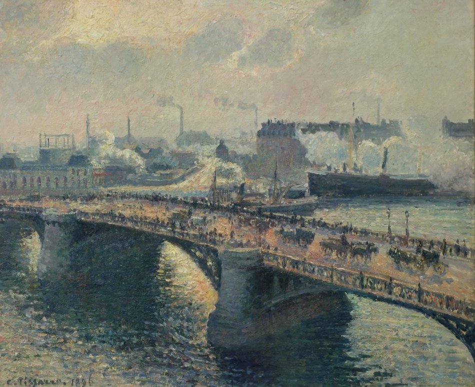 A Boieldieu híd Rouenben, lemenő nap, ködös idő alkotó: Camille Jacob Pissarro