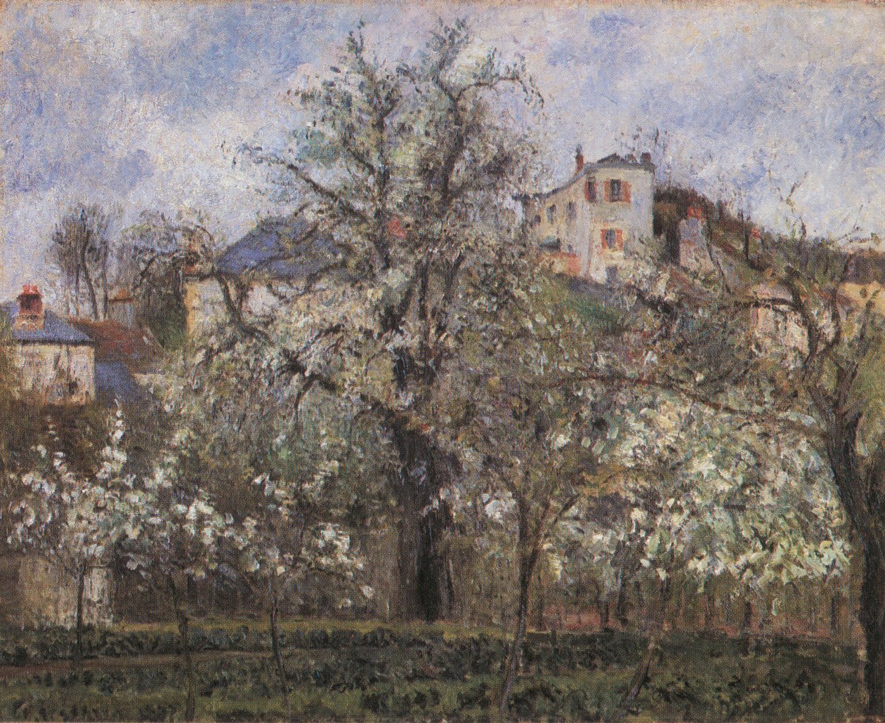 Zöldségkert és virágzó fák, tavasz, Pontoise alkotó: Camille Jacob Pissarro