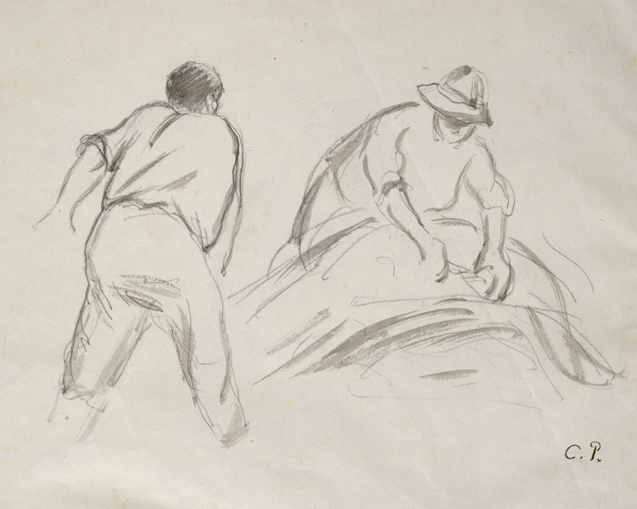 Tanulmányok egy férfi és egy női aratóról (szürke mosás ceruzával, papírra) alkotó: Camille Jacob Pissarro