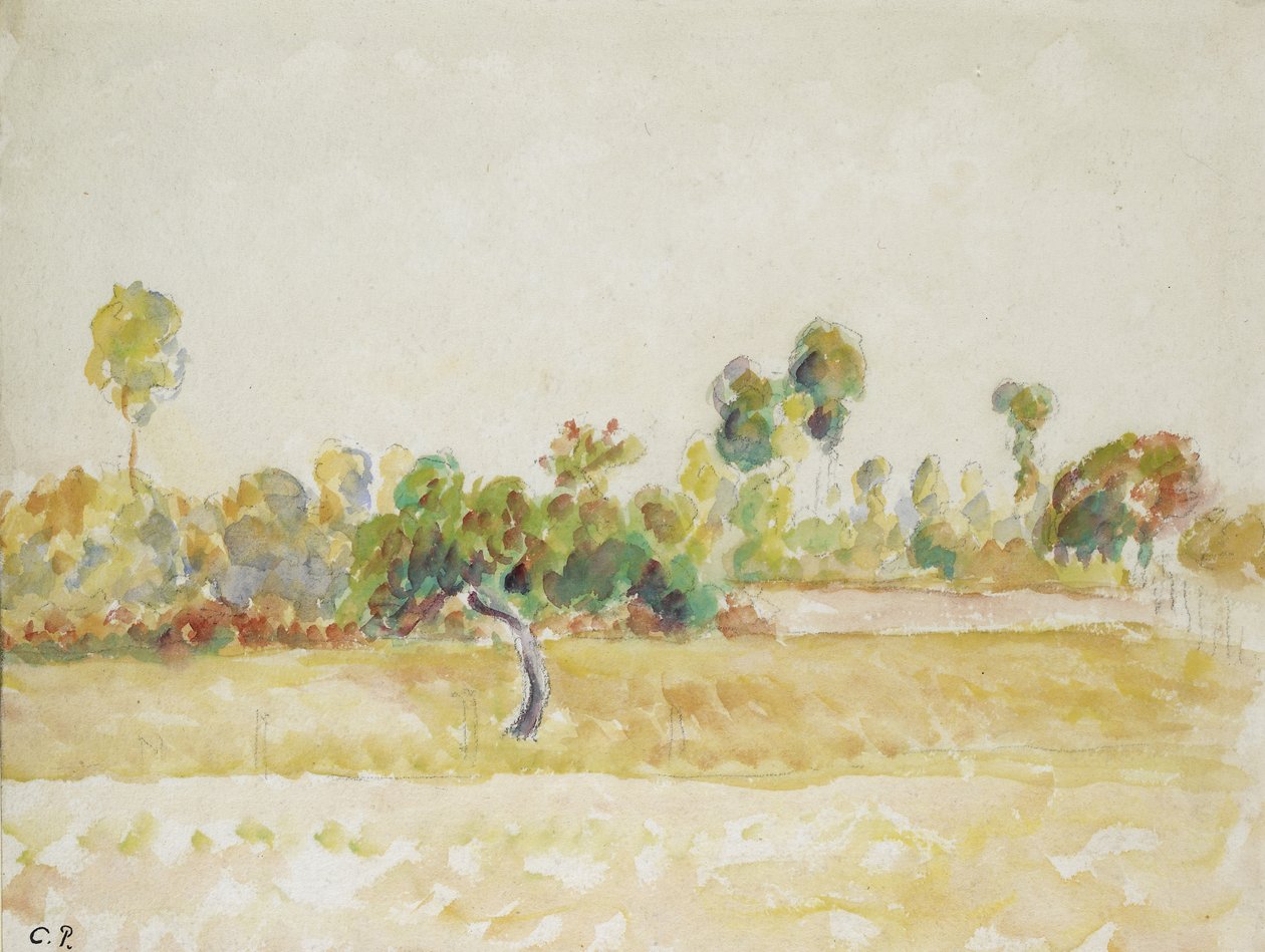 Tanulmány az Eragny-sur-Epte-i gyümölcsösről, a művész házából nézve, kb. 1886-1890 (akvarell fekete krétával) alkotó: Camille Jacob Pissarro