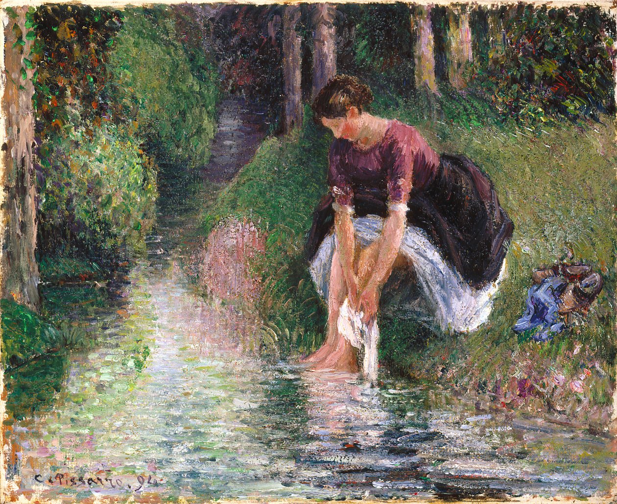 Nő a lábát mossa egy patakban alkotó: Camille Jacob Pissarro