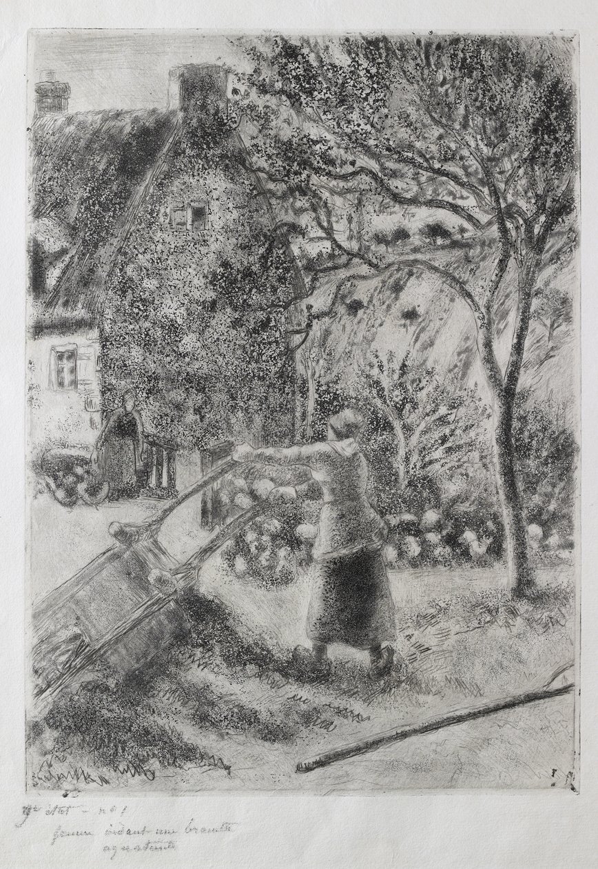 Nő talicskát ürít, 1880 (száraztű, akvatinta, csiszolópapír és nyitott maratás) alkotó: Camille Jacob Pissarro