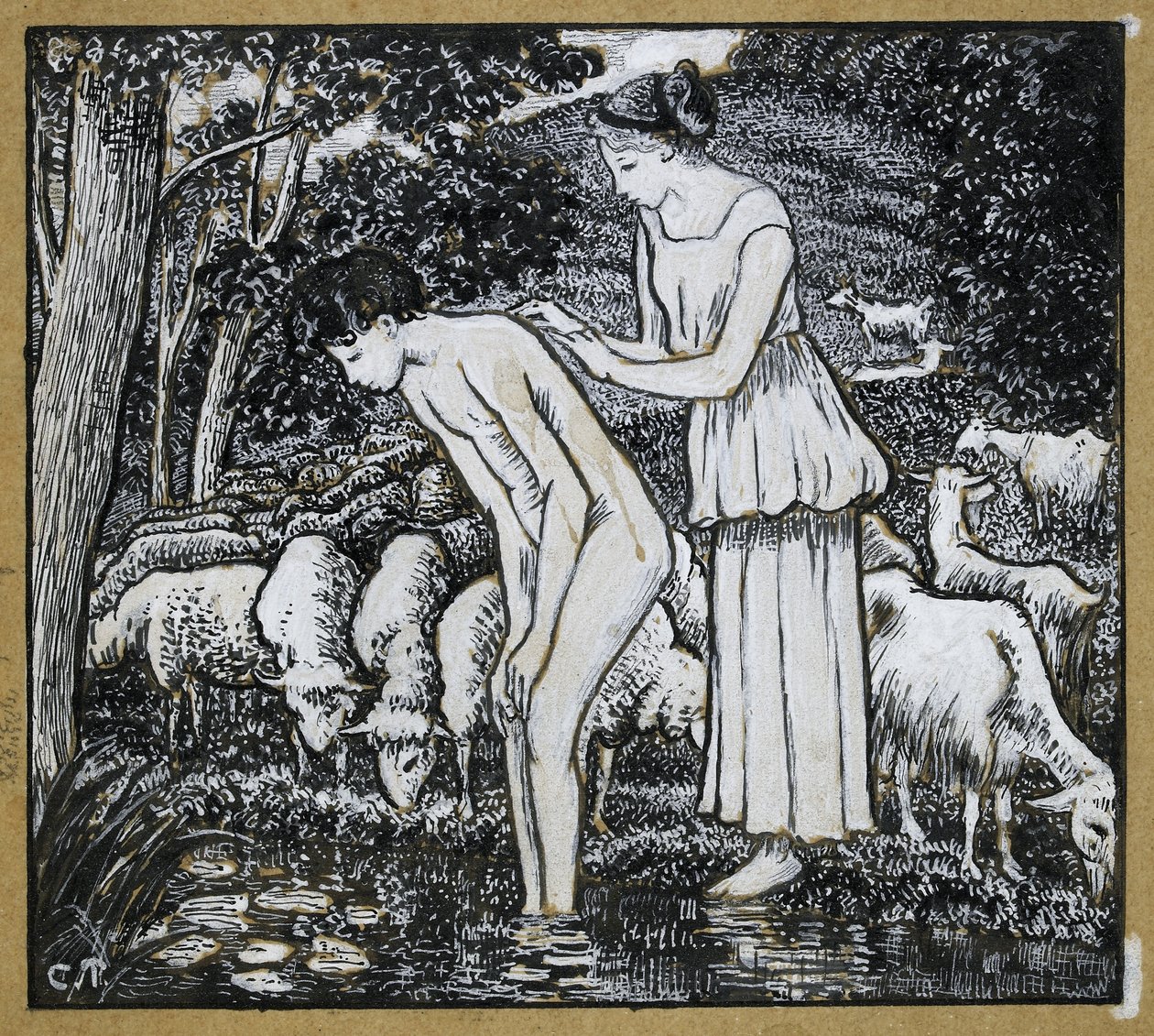 Chloë Daphnis-t mosó pataknál, kompozíciós tanulmány a „Daphnis and Chloë” illusztrációjához, c. 1895 (toll és indiai tinta ceruza fölé kínai fehérrel, pauszpapíron) alkotó: Camille Jacob Pissarro