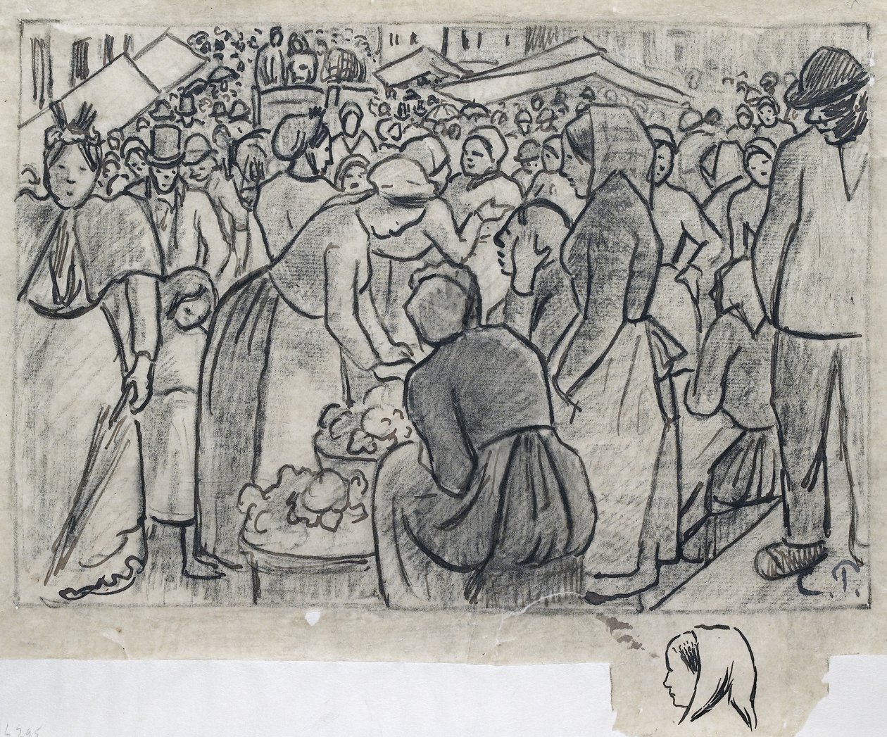 Kompozíciós tanulmány a "Gisors piaca (rue Cappeville)" című képhez, alatta egy balra néző női fej profilban, 1893 körül (toll és tinta, szén és ceruza fölött, pauszpapíron). alkotó: Camille Jacob Pissarro