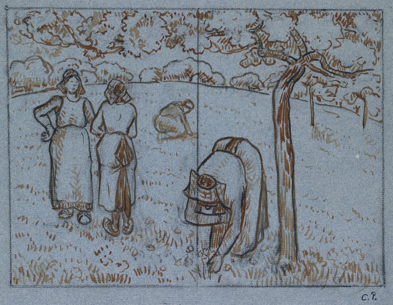 Négy gyümölcsösben dolgozó parasztnõ kompozíciós vizsgálata („Tavasz”), c. 1894 (vörös-barna és indiai tinta szén felett kék papíron) alkotó: Camille Jacob Pissarro