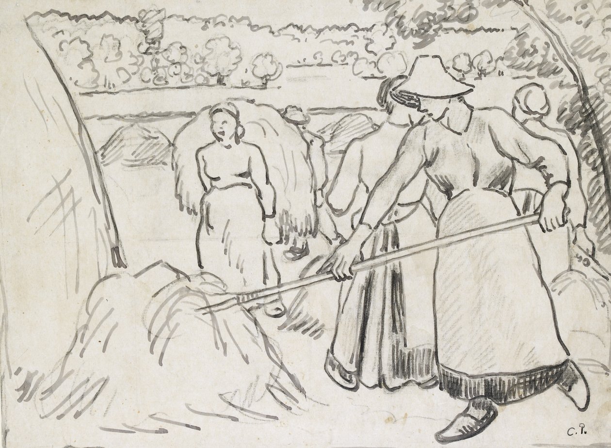 Aratógépek kompozíciós vizsgálata tájban, c. 1893 (toll és sötét tinta fekete krétával, halvány négyzet a fekete krétával) alkotó: Camille Jacob Pissarro