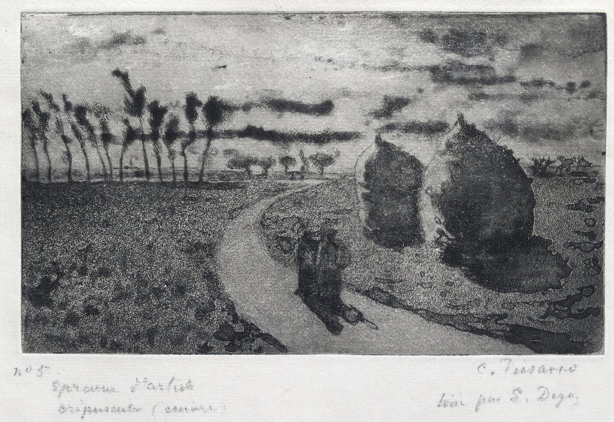 Crépuscule (avec Meules), 1879 (rézkarc, akvatinta, szárazhús és csiszolópapír) alkotó: Camille Jacob Pissarro