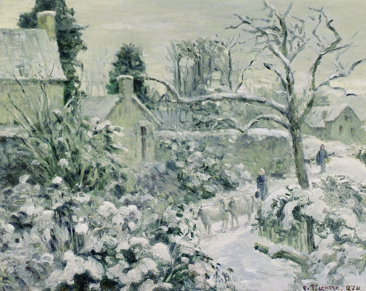 A hó hatása tehenekkel Montfoucault-ban, 1874 (olaj) alkotó: Camille Jacob Pissarro