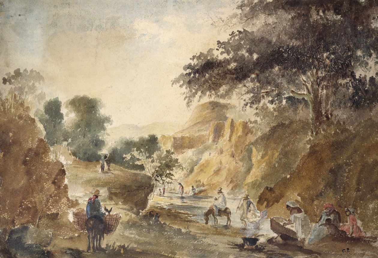 Táj alakokkal a folyó mellett, 1853 - 1854 (akvarell ceruzával) alkotó: Camille Jacob Pissarro