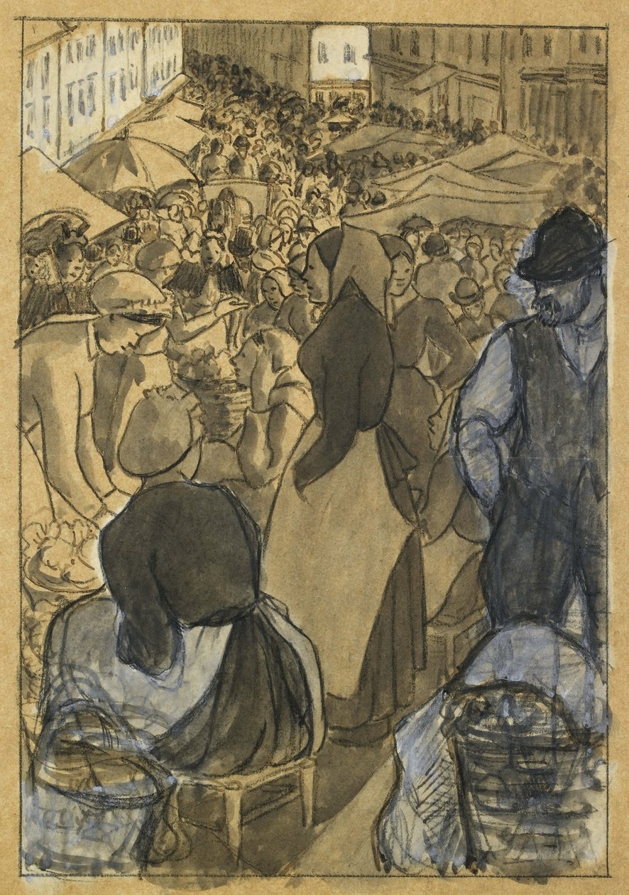 Piaci jelenet (fekete zsírkréta tollal és fekete tintával, szürke mosás és fehér testszín pauszpapíron, merev fehér papírra fektetve) alkotó: Camille Jacob Pissarro